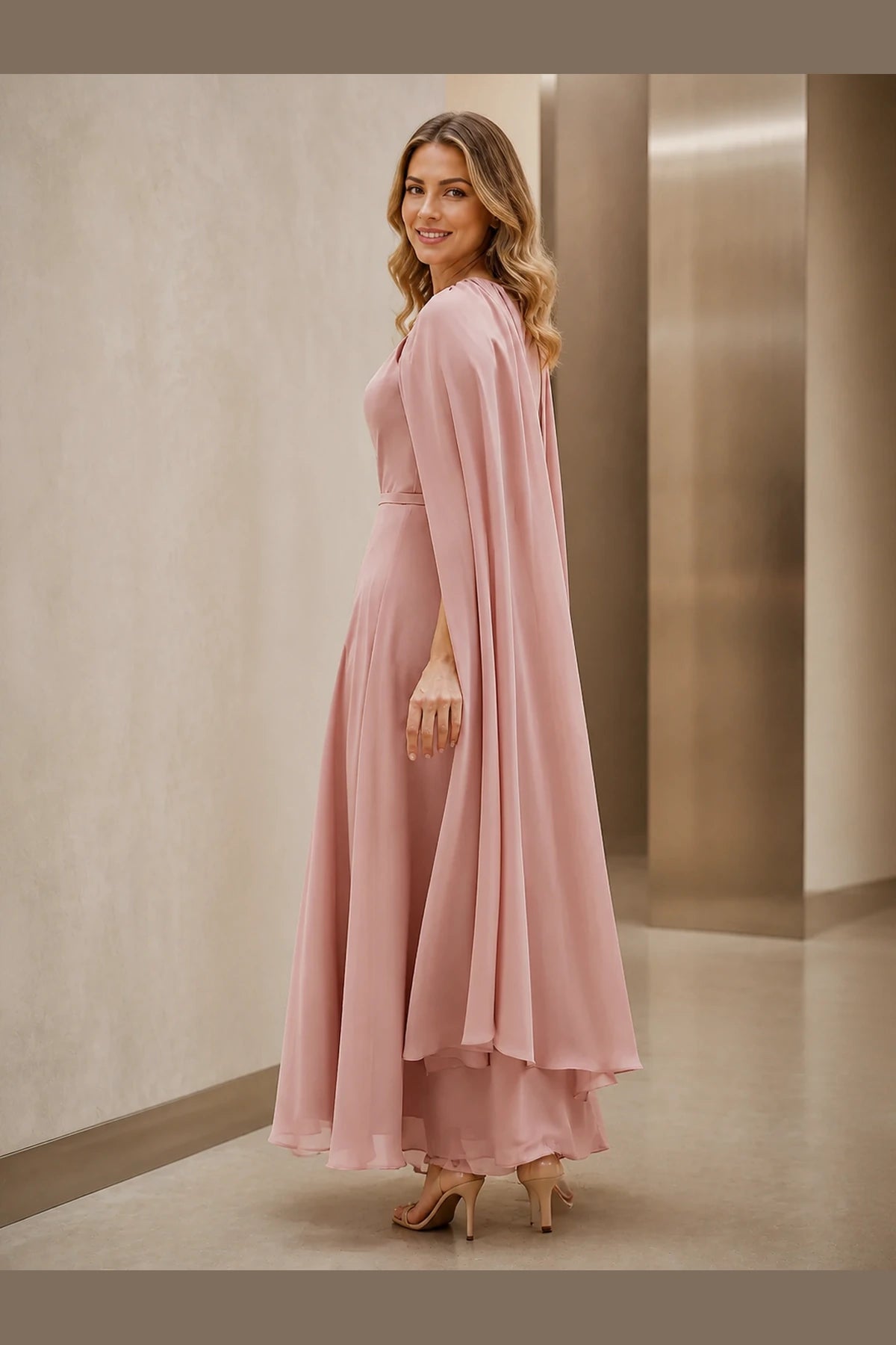 Elegant A-Line Jewel Neck Cape Back Floor-Length Mother of Bride Dress