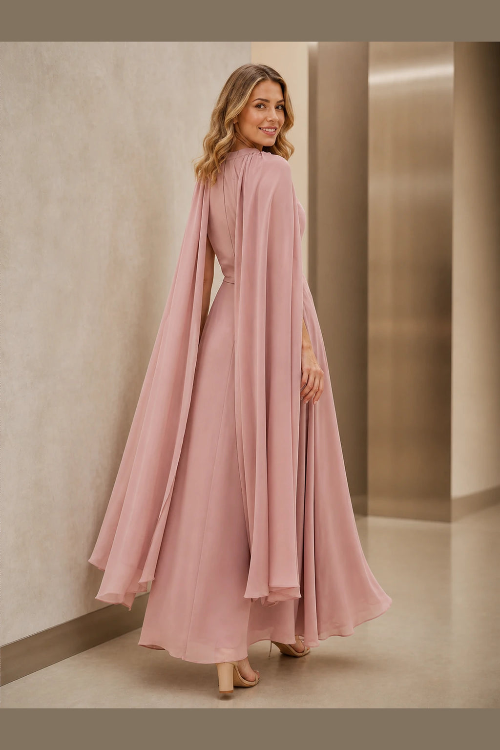 Elegant A-Line Jewel Neck Cape Back Floor-Length Mother of Bride Dress