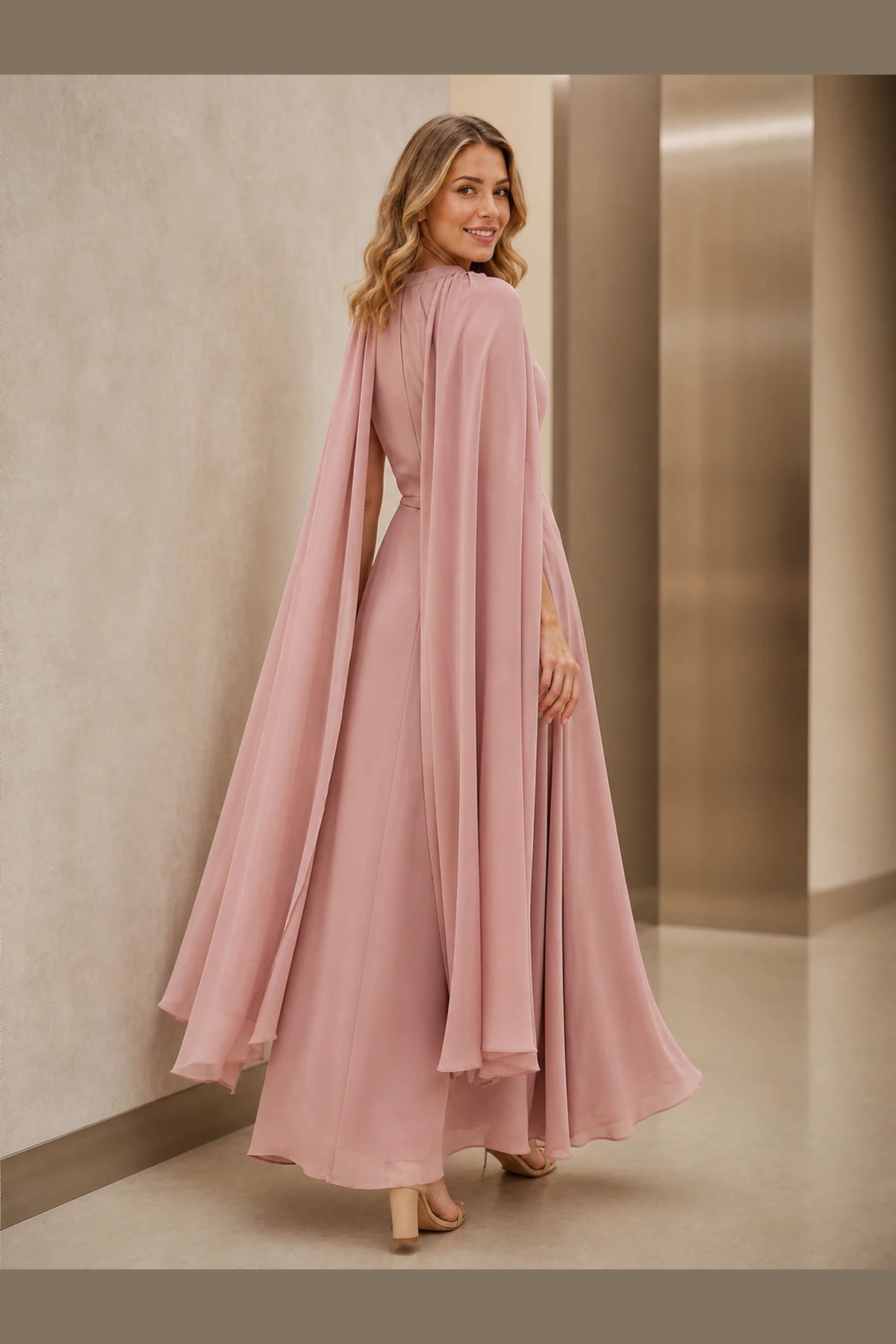 Elegant A-Line Jewel Neck Cape Back Floor-Length Mother of Bride Dress