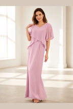 Graceprom dusty rose Mother of the Bride dress with V neck cape sleeves and layered chiffon overlay