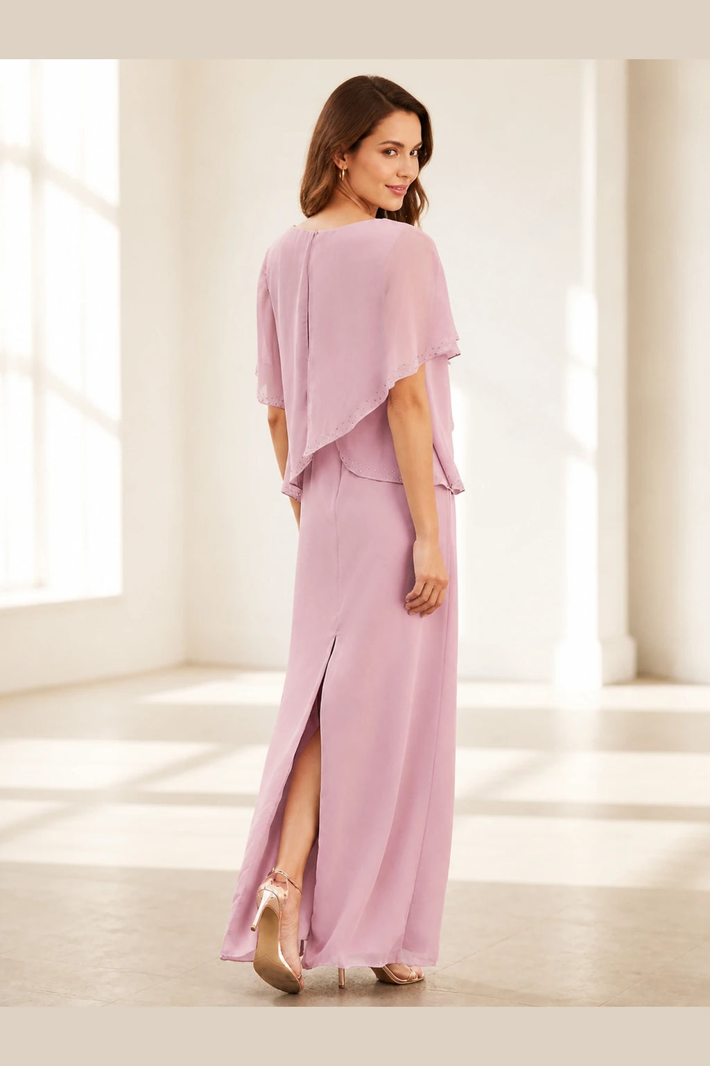 Graceprom dusty rose Mother of the Bride dress with cape sleeves zipper back and long skirt slit