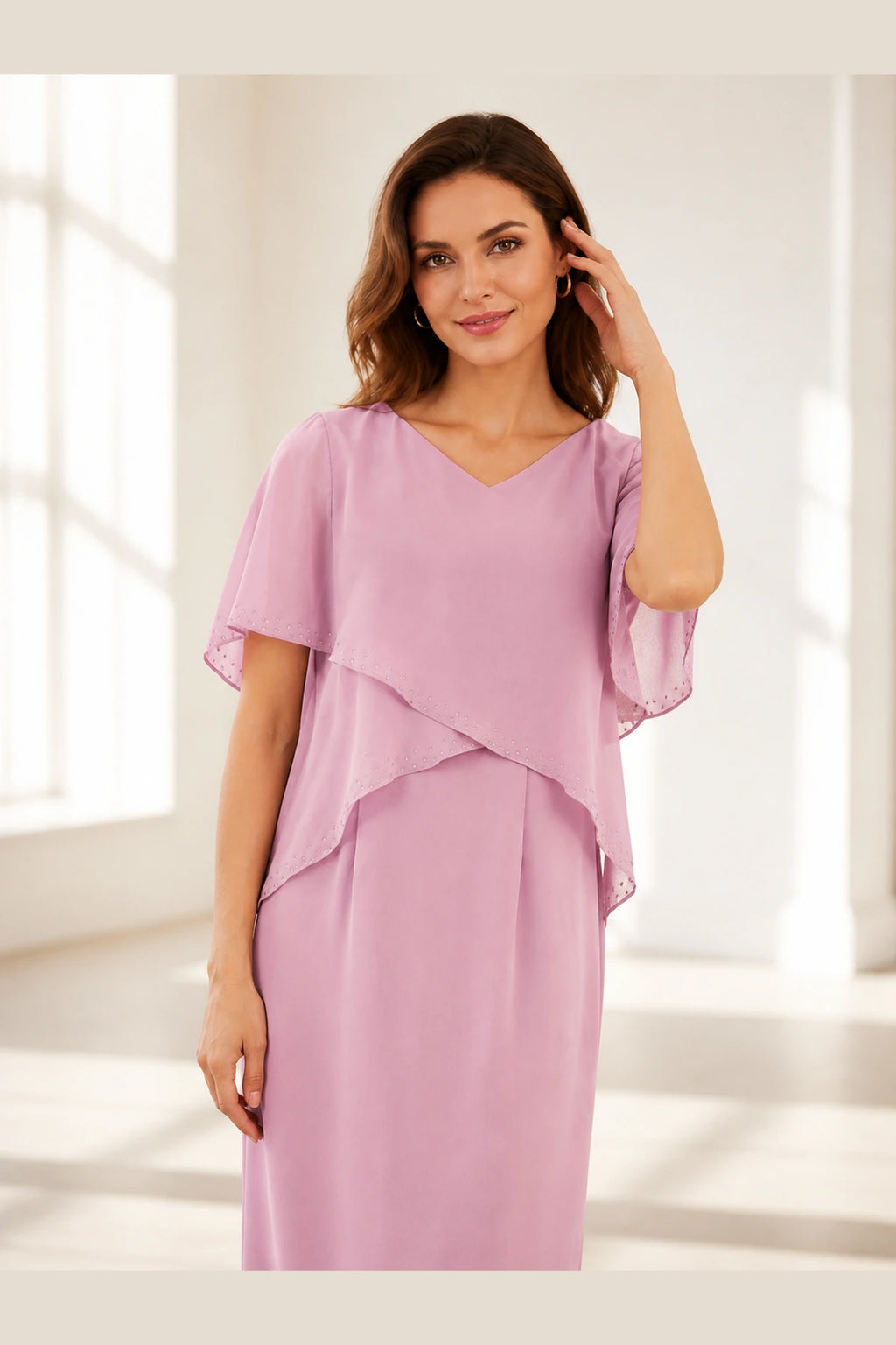 Graceful Sheath V-Neck Cape-Sleeve Zipper-Back Long Mother of the Bride Dress