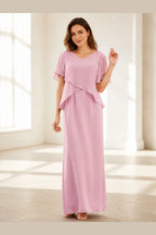 Graceful Sheath V-Neck Cape-Sleeve Zipper-Back Long Mother of the Bride Dress