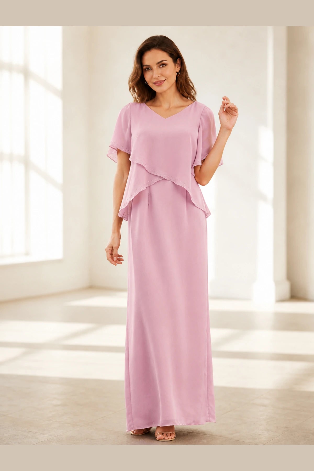 Graceful Sheath V-Neck Cape-Sleeve Zipper-Back Long Mother of the Bride Dress