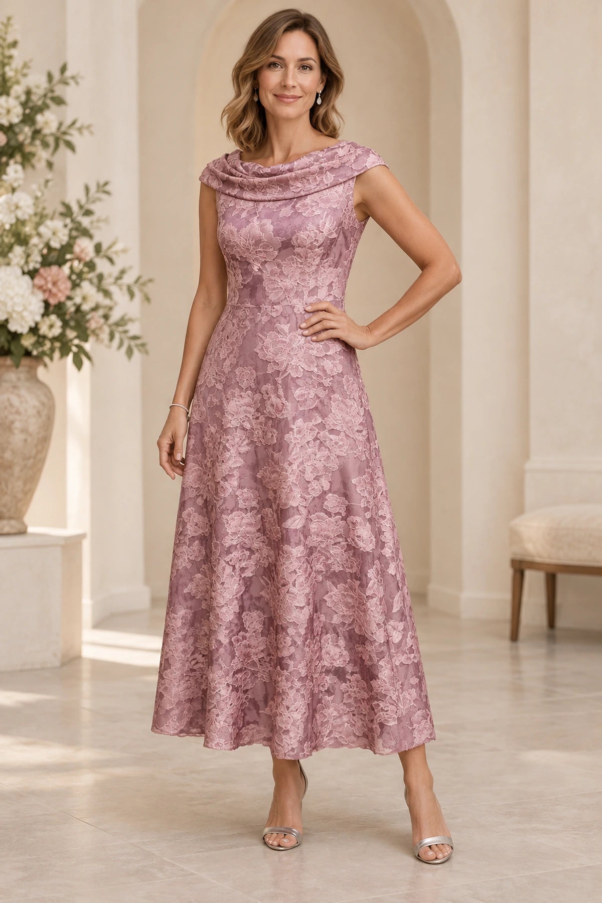 Dusty rose mother of the bride dress with cowl neckline floral lace and tea length A line skirt
