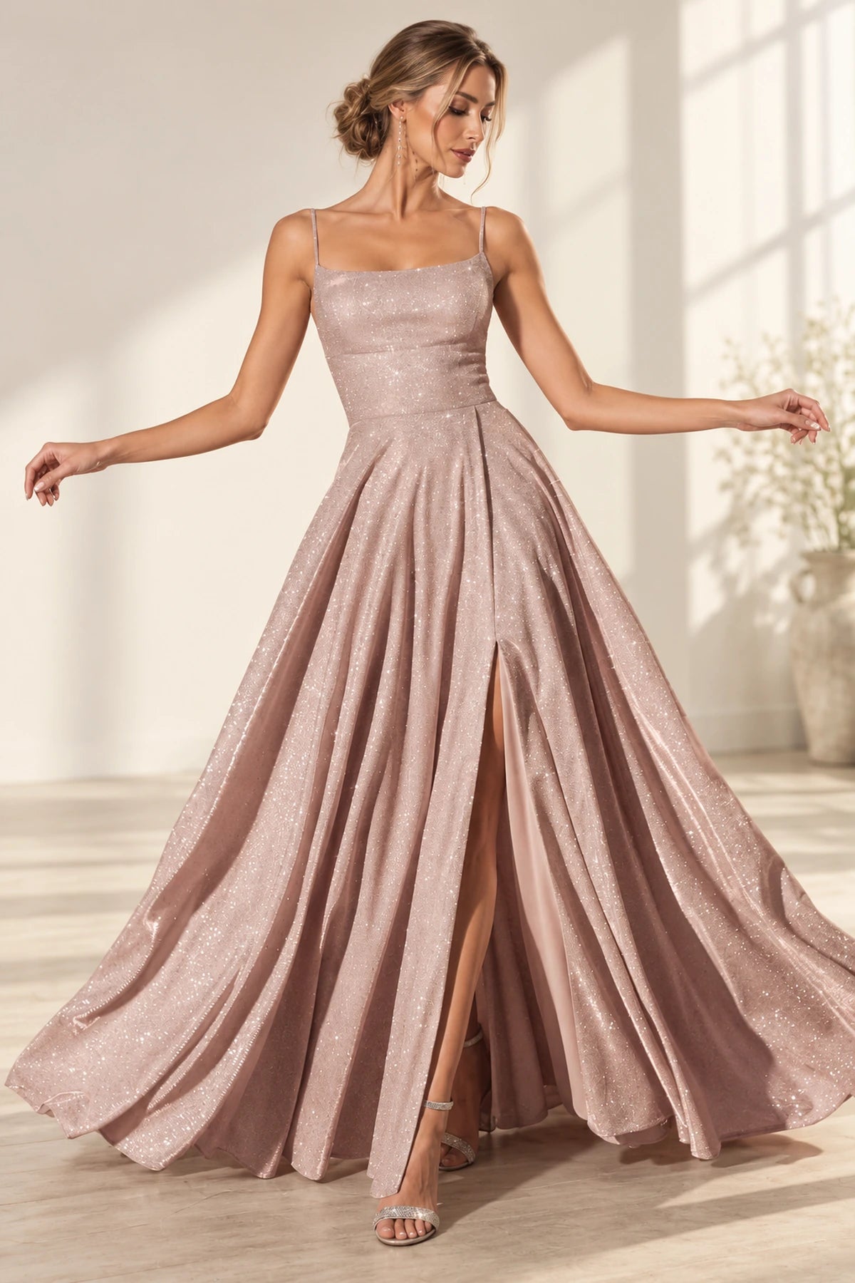 Dusty rose glitter A-line prom dress featuring a square neckline, spaghetti straps, fitted waist, flowing pleated skirt, and thigh-high slit by Graceprom.