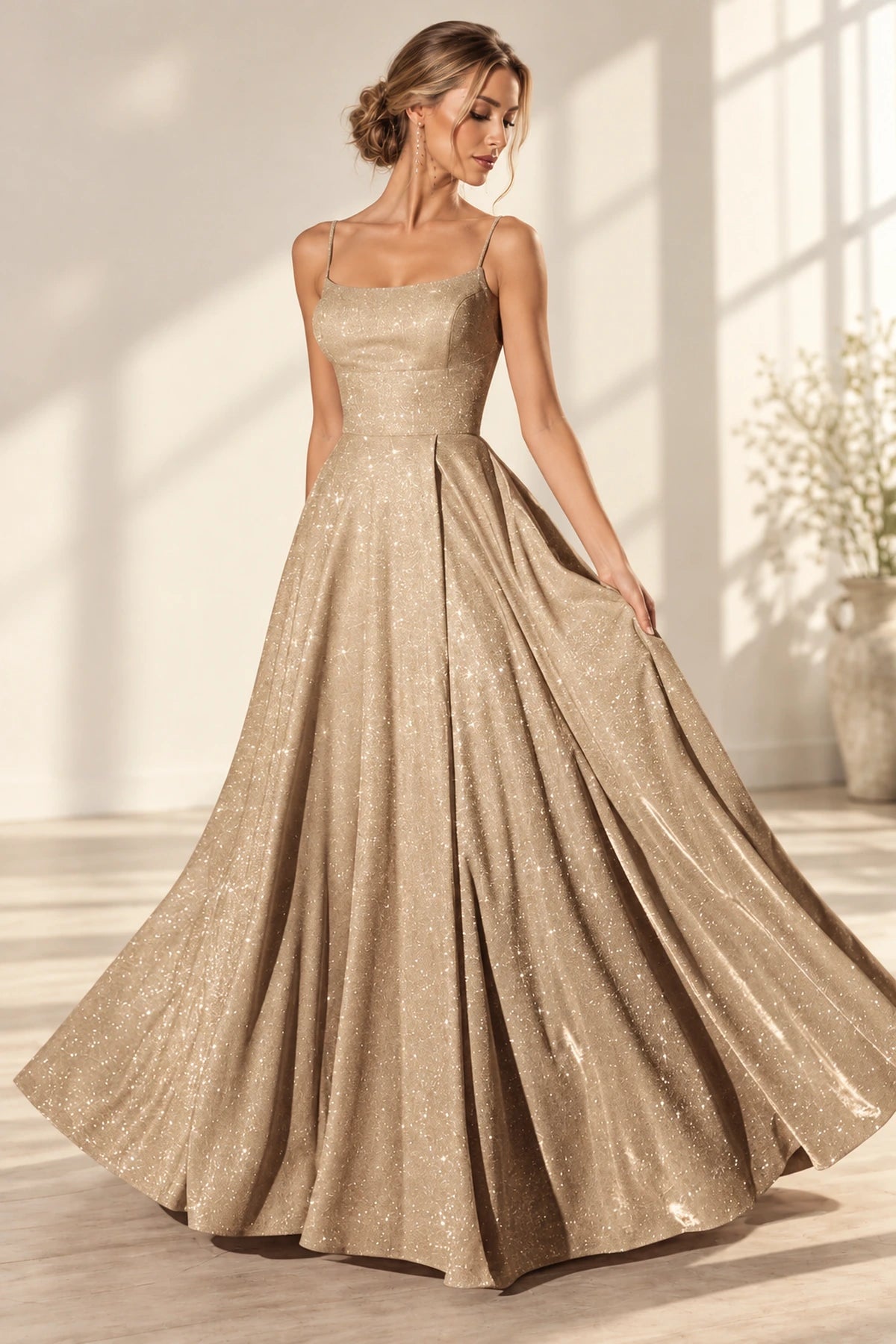 Sparkling Sequin A-Line Square-Neck Sleeveless Zipper-Back Floor-Length Prom Dress