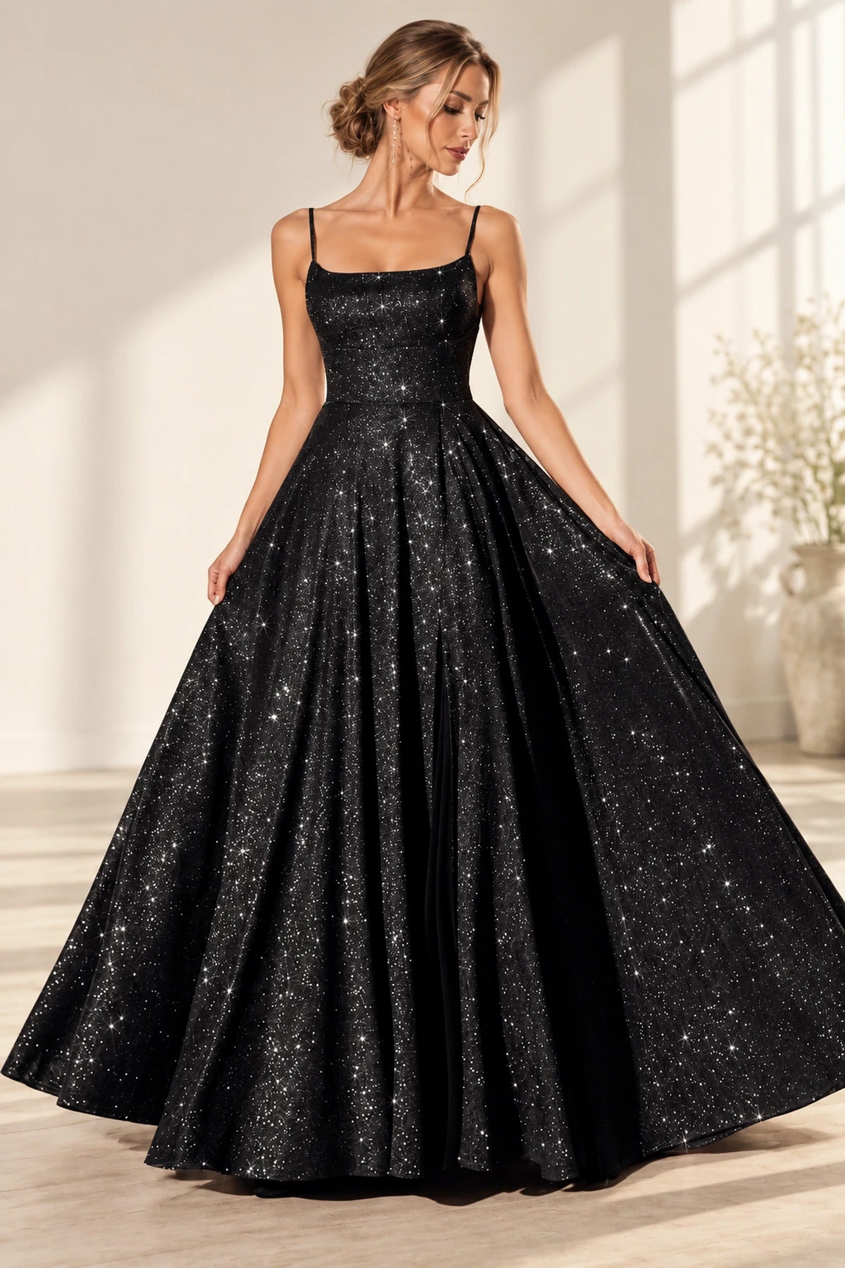 Sparkling Sequin A-Line Square-Neck Sleeveless Zipper-Back Floor-Length Prom Dress