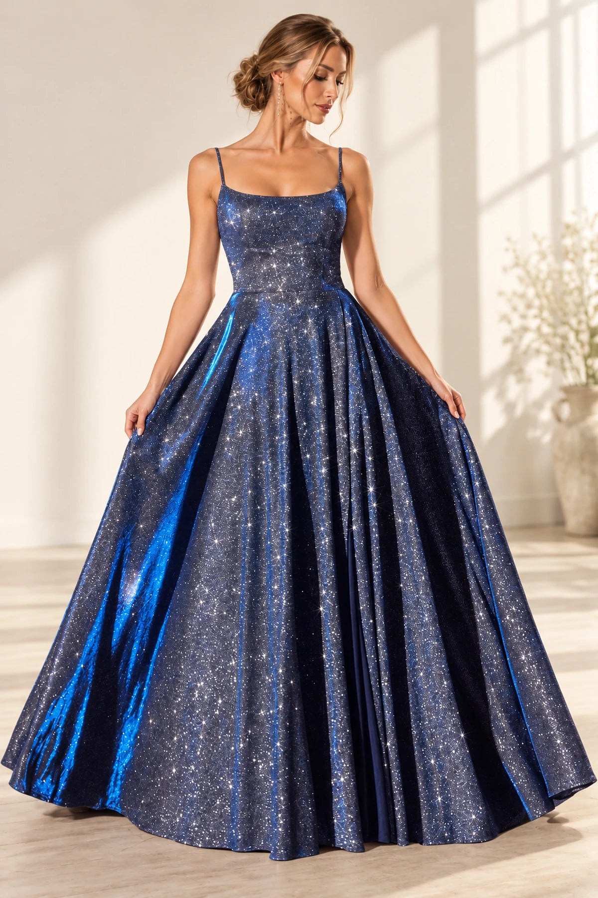 Sparkling Sequin A-Line Square-Neck Sleeveless Zipper-Back Floor-Length Prom Dress