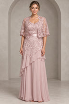 Dusty rose A-line Mother of the Bride Dress with sweetheart neckline, lace cape overlay, satin waistband and layered floor-length chiffon skirt