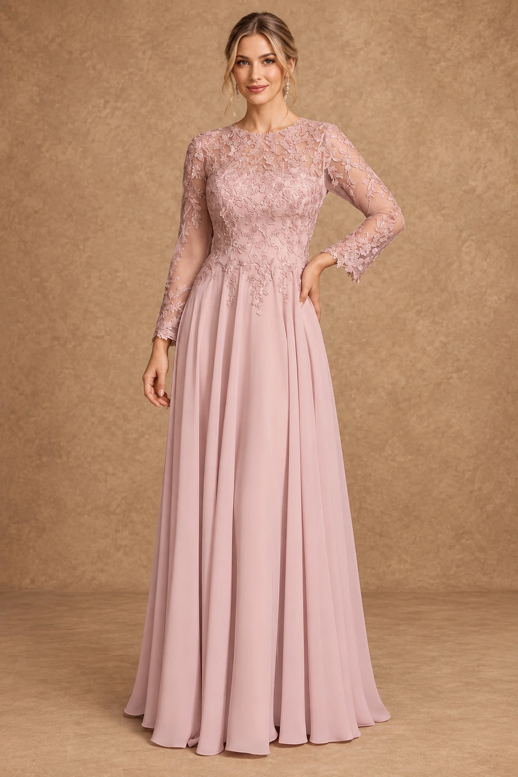 Dusty Rose A-line Mother of the Bride Dress with floral lace bodice and long sheer sleeves