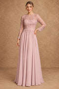 Dusty Rose A-line Mother of the Bride Dress with floral lace bodice and long sheer sleeves