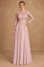 Dusty Rose A-line Mother of the Bride Dress with floral lace bodice and long sheer sleeves