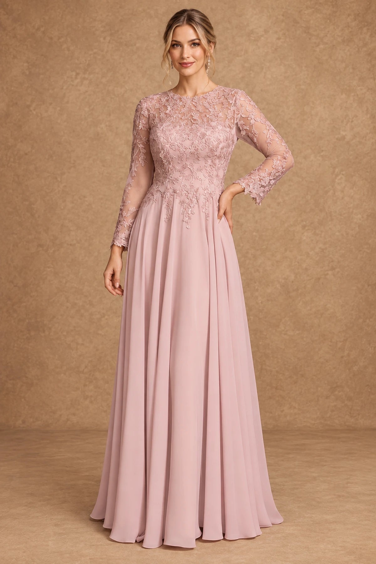 Dusty Rose A-line Mother of the Bride Dress with floral lace bodice and long sheer sleeves
