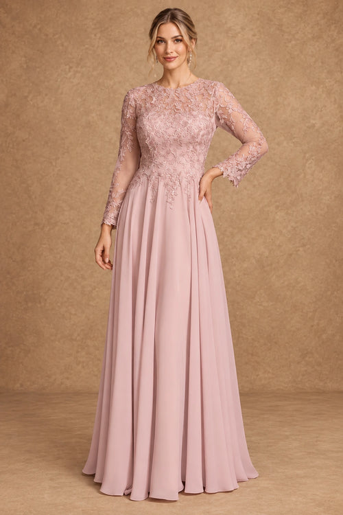 Dusty Rose A-line Mother of the Bride Dress with floral lace bodice and long sheer sleeves