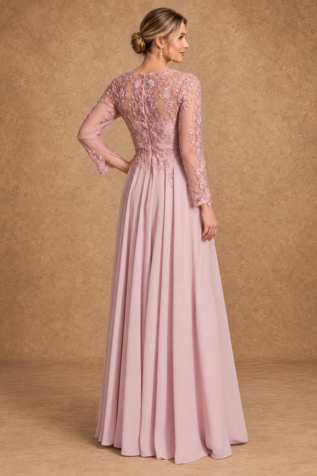 Dusty Rose Mother of the Bride Dress with sheer lace back and center zipper