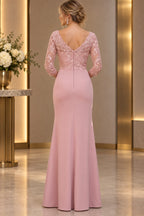 Back view of dusty rose Mother of the Bride Dress with lace upper bodice, center zipper and fitted floor-length skirt