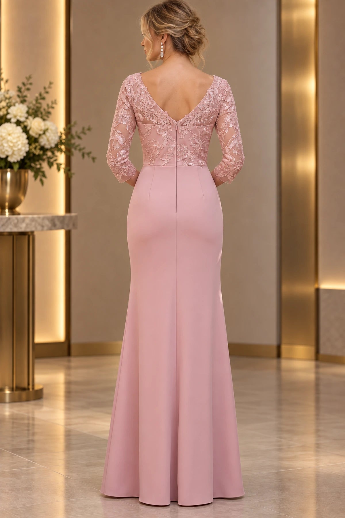 Back view of dusty rose Mother of the Bride Dress with lace upper bodice, center zipper and fitted floor-length skirt