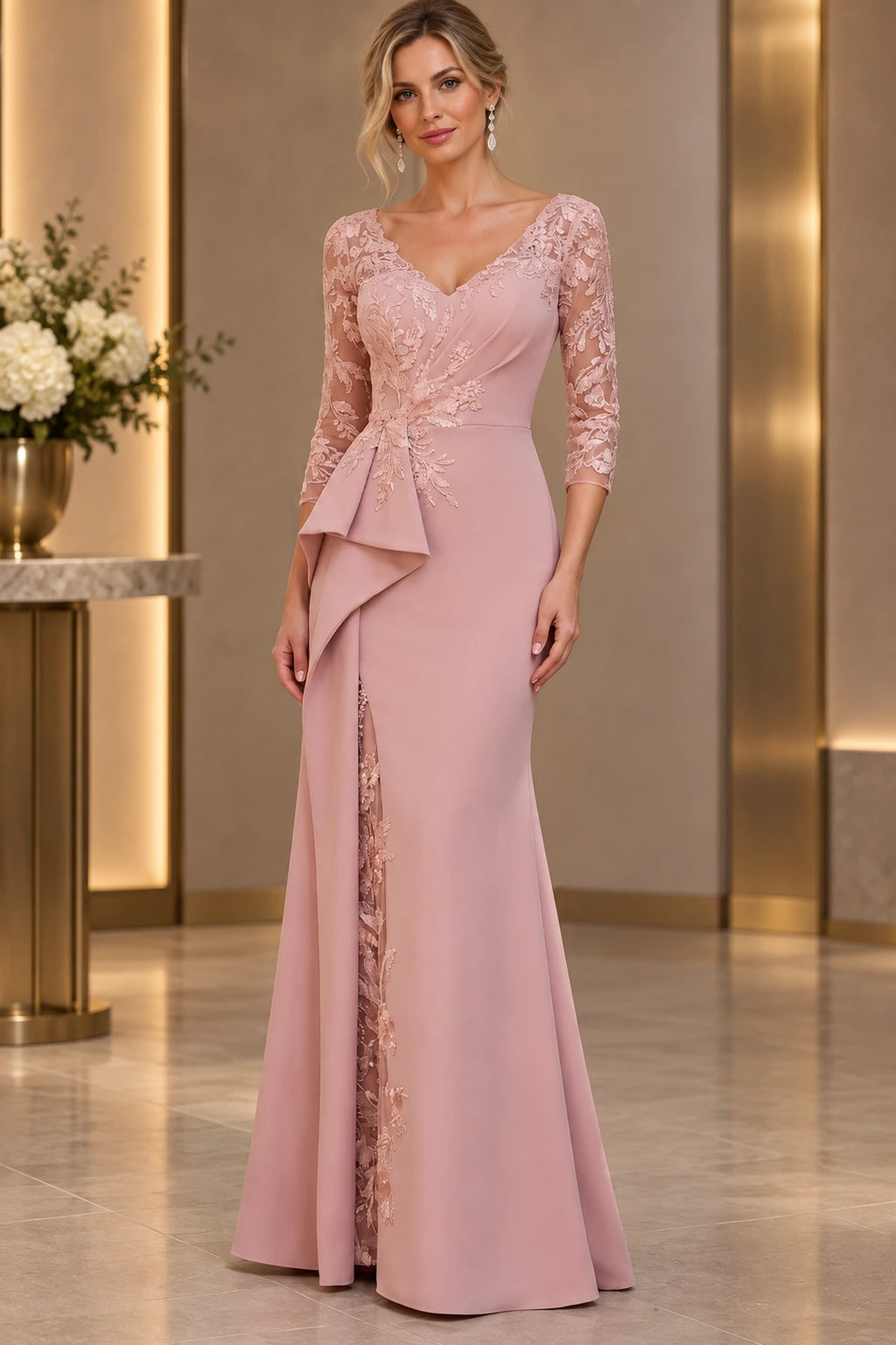 Dusty rose sheath Mother of the Bride Dress with V-neck, three-quarter lace sleeves, floral appliqué and cascading side drape