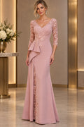 Dusty rose sheath Mother of the Bride Dress with V-neck, three-quarter lace sleeves, floral appliqué and cascading side drape