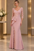 Dusty rose sheath Mother of the Bride Dress with V-neck, three-quarter lace sleeves, floral appliqué and cascading side drape