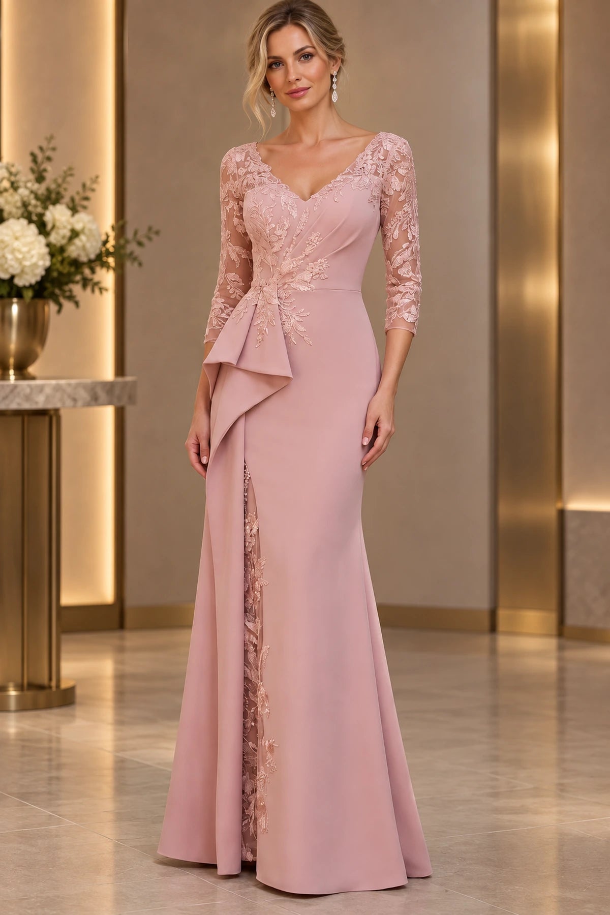 Dusty rose sheath Mother of the Bride Dress with V-neck, three-quarter lace sleeves, floral appliqué and cascading side drape