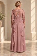 Back view of dusty rose Mother of the Bride Dress with lace upper bodice, center zipper, ruched waist and floor-length skirt