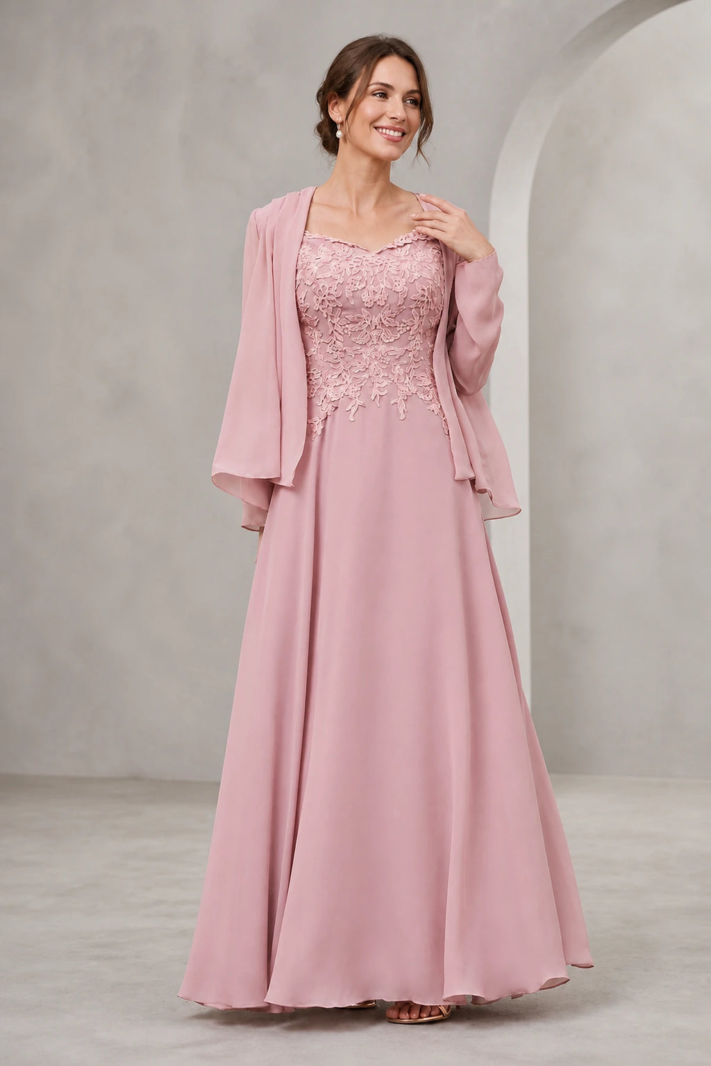 Dusty rose A-line Mother of the Bride dress with lace bodice, floor-length skirt and matching chiffon jacket, front and back view by Vedress