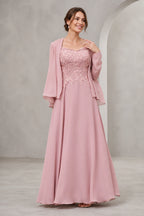Dusty rose A-line Mother of the Bride dress with lace bodice, floor-length skirt and matching chiffon jacket, front and back view by Vedress