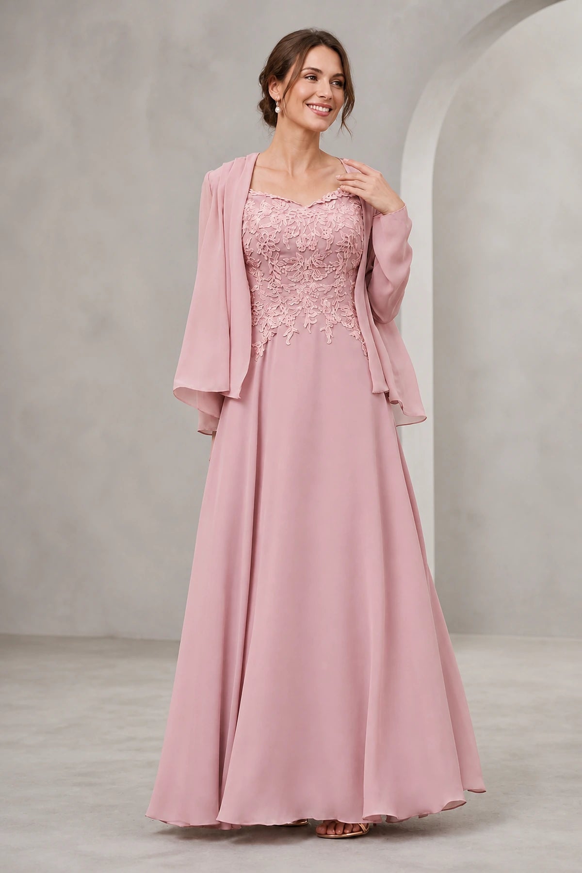 Dusty rose A-line Mother of the Bride dress with lace bodice, floor-length skirt and matching chiffon jacket, front and back view by Vedress