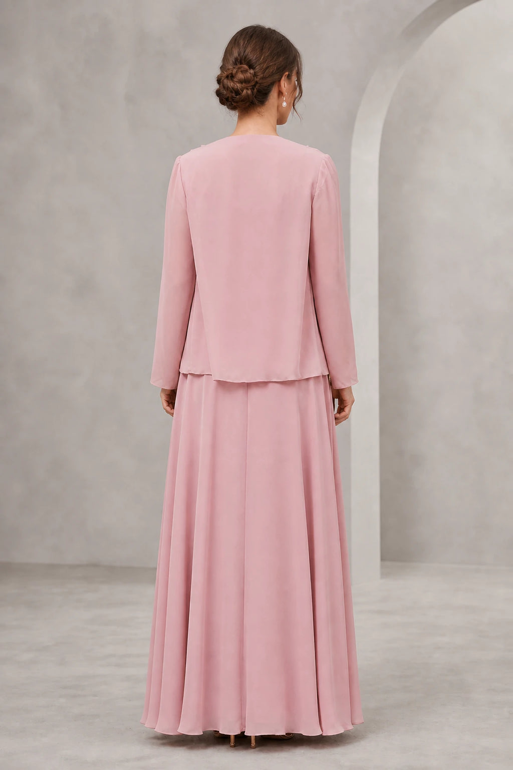 Dusty rose A-line Mother of the Bride dress with lace bodice, floor-length skirt and matching chiffon jacket, front and back view by Vedress