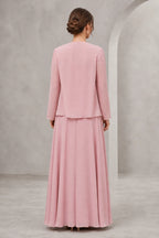 Dusty rose A-line Mother of the Bride dress with lace bodice, floor-length skirt and matching chiffon jacket, front and back view by Vedress
