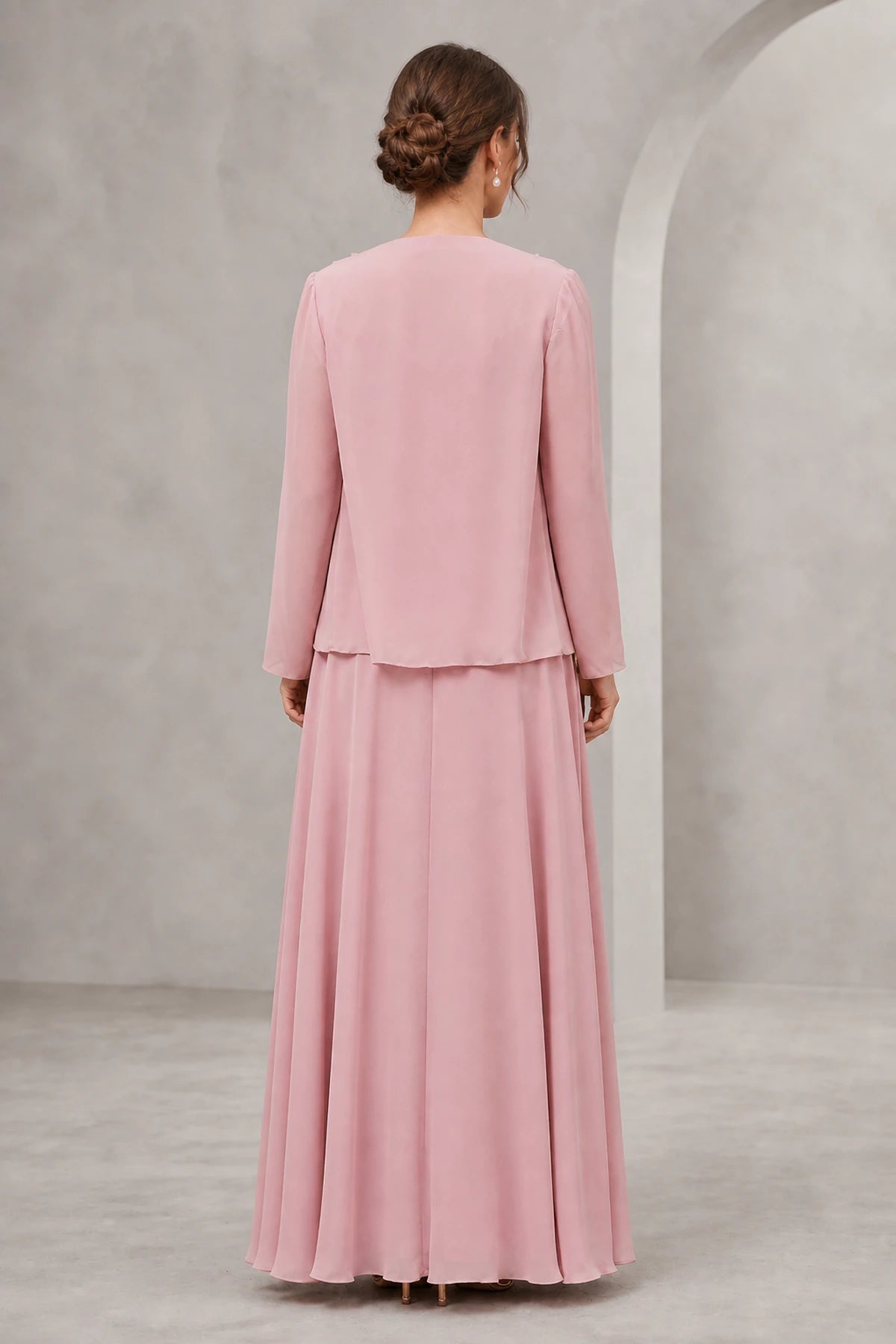 Dusty rose A-line Mother of the Bride dress with lace bodice, floor-length skirt and matching chiffon jacket, front and back view by Vedress