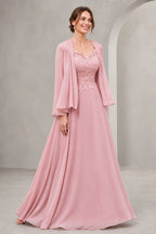 Graceful A-Line Sweetheart Long-Sleeve Closed-Back Long Mother of the Bride Dress