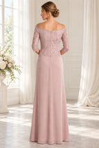 Back view of dusty rose Mother of the Bride Dress with off-the-shoulder lace bodice, center zipper and floor-length skirt