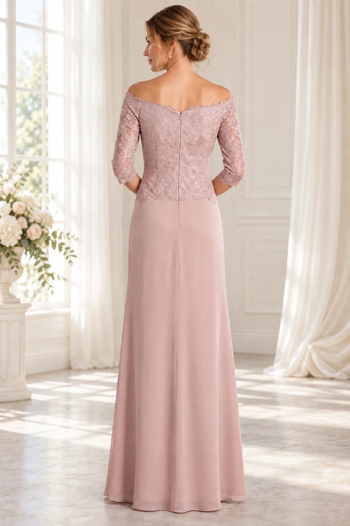 Back view of dusty rose Mother of the Bride Dress with off-the-shoulder lace bodice, center zipper and floor-length skirt