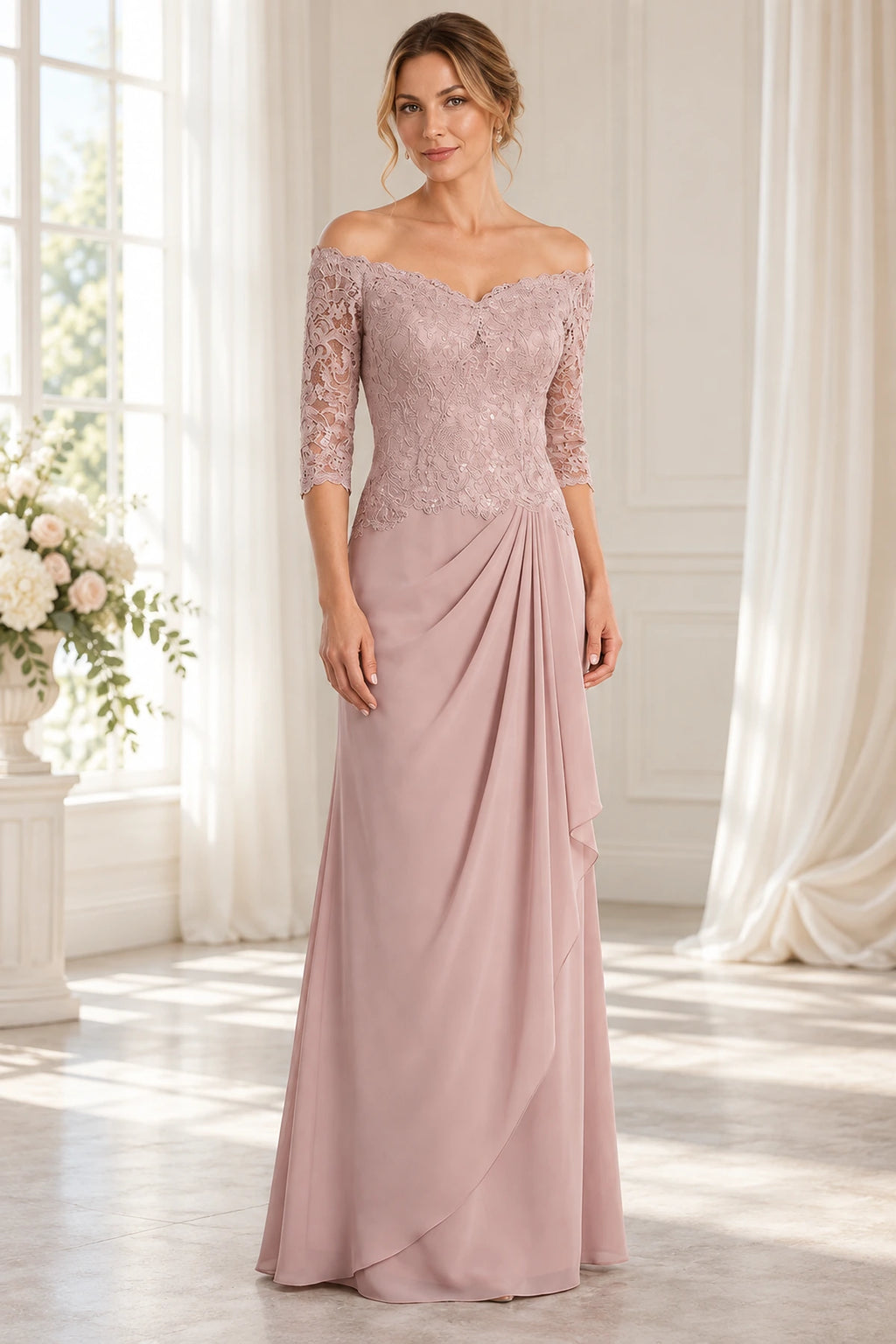 Dusty rose Mother of the Bride Dress with off-the-shoulder neckline, three-quarter lace sleeves and draped floor-length skirt