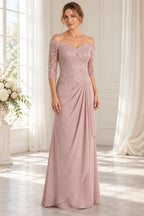 Dusty rose Mother of the Bride Dress with off-the-shoulder neckline, three-quarter lace sleeves and draped floor-length skirt