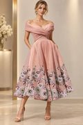 Dusty rose off the shoulder tea length Mother of the Bride Dress with embroidered floral hem and A-line skirt