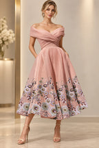 Dusty rose off the shoulder tea length Mother of the Bride Dress with embroidered floral hem and A-line skirt