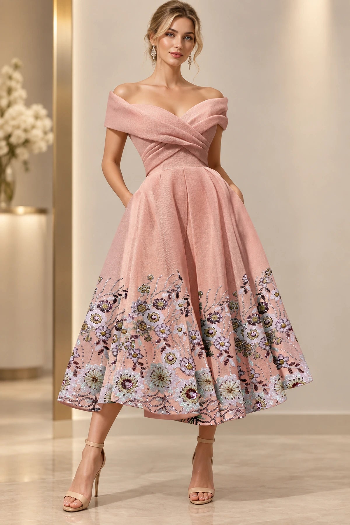 Dusty rose off the shoulder tea length Mother of the Bride Dress with embroidered floral hem and A-line skirt