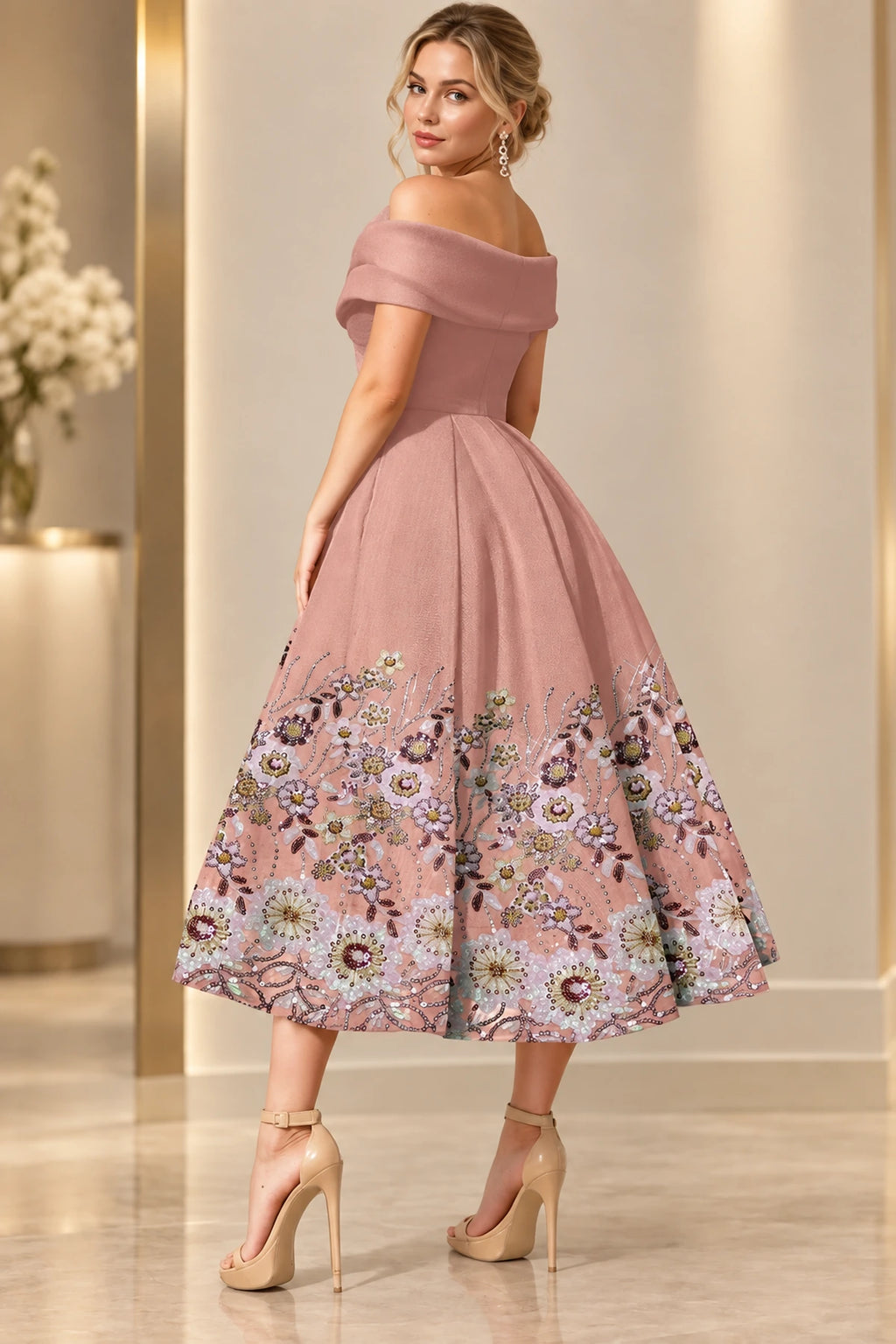 Back view of dusty rose off the shoulder tea length Mother of the Bride Dress with floral embroidered hem