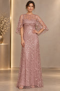 Dusty rose mother of the bride dress with sequin leaf embroidery cape sleeves and A line silhouette