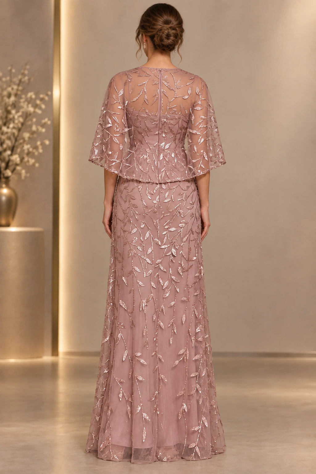 Dusty rose mother of the bride dress with full sequin leaf pattern and elegant back design