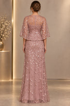 Dusty rose mother of the bride dress with full sequin leaf pattern and elegant back design