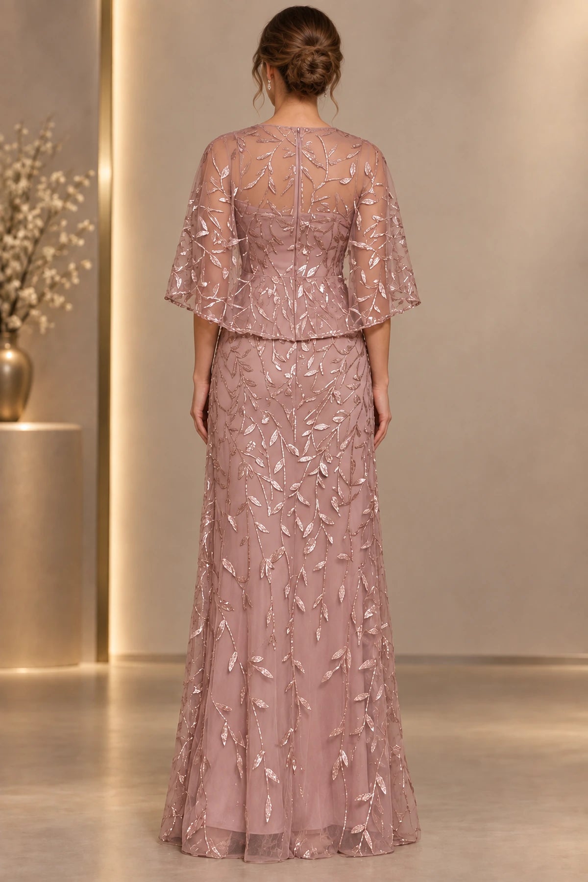 Dusty rose mother of the bride dress with full sequin leaf pattern and elegant back design
