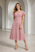 Vedress dusty rose mother of the bride dress with V-neck flutter sleeves ruched bodice and midi A-line skirt front view