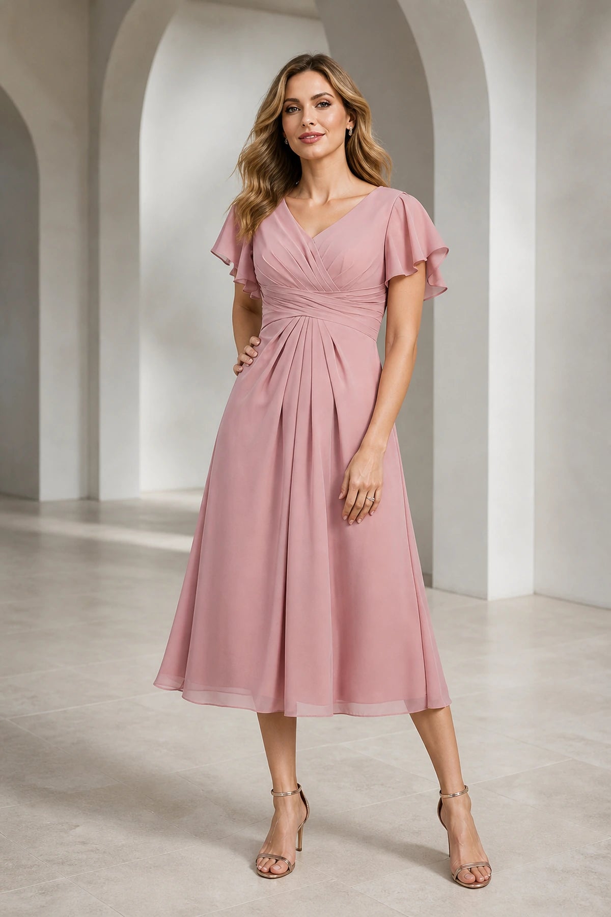 Vedress dusty rose mother of the bride dress with V-neck flutter sleeves ruched bodice and midi A-line skirt front view
