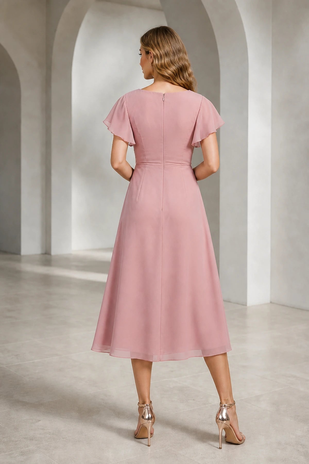 Vedress dusty rose mother of the bride dress with flutter sleeves zipper back and flowing midi A-line skirt back view
