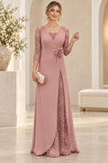 Dusty rose Mother of the Bride Dress with V-neck, three-quarter lace sleeves, waist flower detail and floor-length skirt